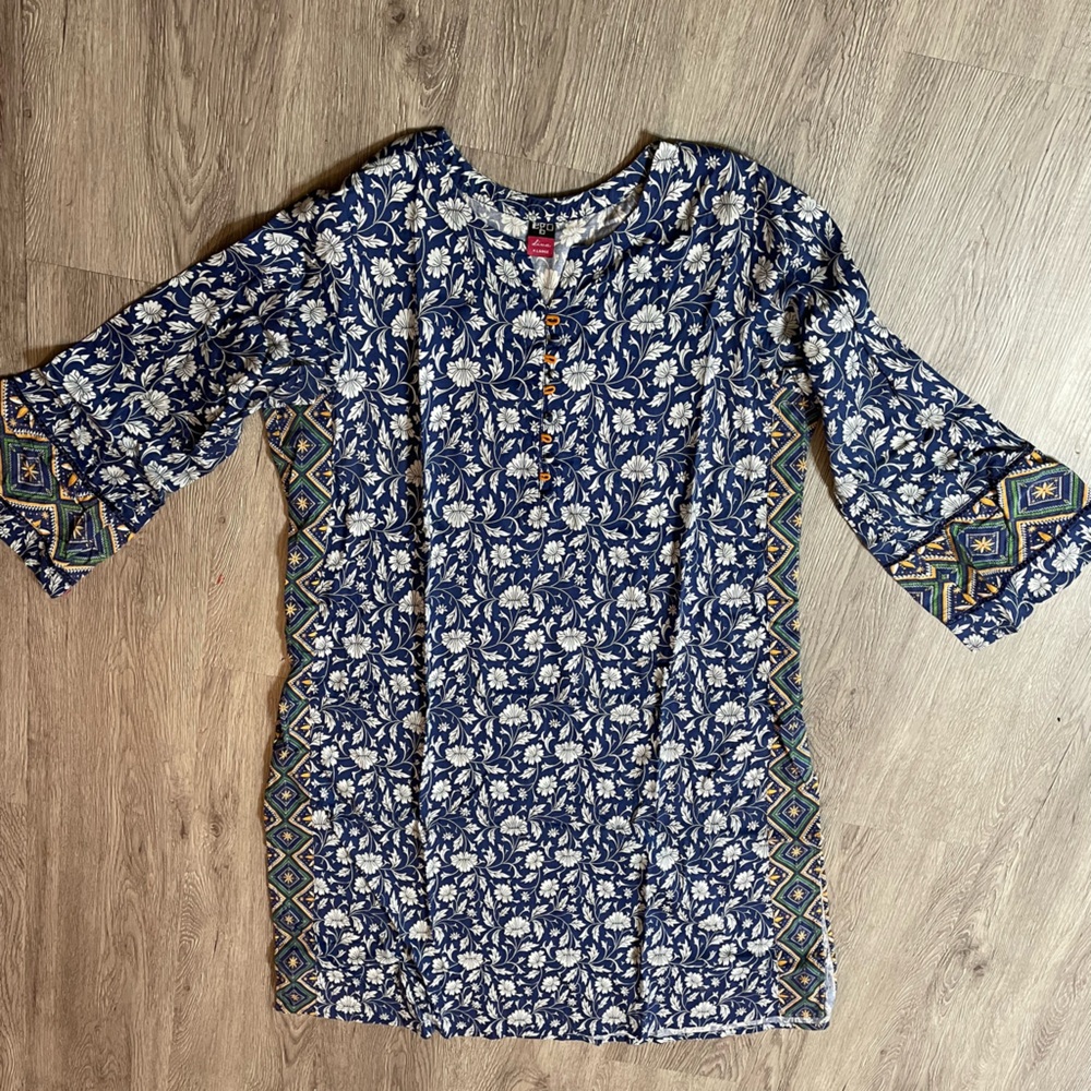 Blue Floral long cotton kurti full sleeve XL